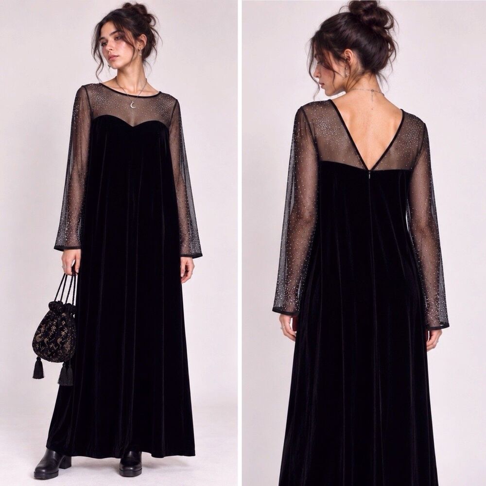 Vintage Robbie Bee Black Velvet Maxi Dress 14 Rhinestone Mesh Whimsigoth 90s Y2K